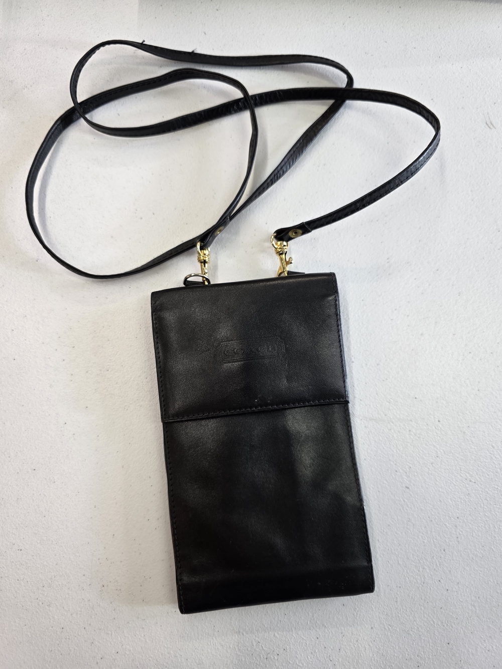 Coach tri-fold  Black Leather Crossbody Phone Wallet with Gold Hardware